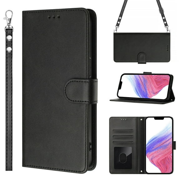 for iPhone 17 Pro Max Wallet Case, [RFID Blocking 3 Card Slots] Phone Stand, Wrist Strap, Shoulder Strap Magnetic Closure, Soft PU Leather Shockproof Flip Cases Cover for iPhone 17 Pro Max, Black