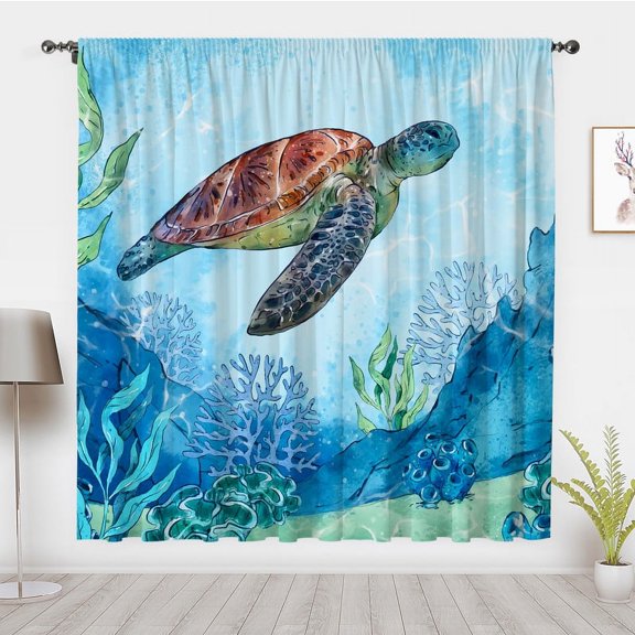 The underwater World Window Curtains Vintageaquatic plants Sea Turtle Window Treatment Blackout Curtain Bedroom living room privacy Decor(Rod pocket)