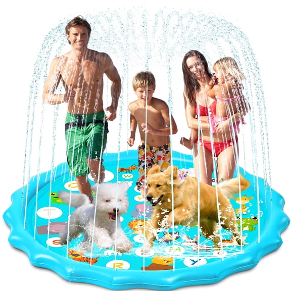 Splash Pad for Kids & Dogs, 68" Non-Slip Water Play Mat, Educational Spray Pool with Letters & Numbers, Blue Sealife Design