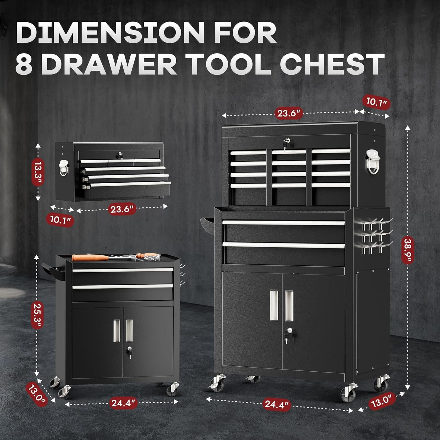 SOLAURA 8-Drawer Rolling Tool Chest Metal Tool Box Lockable Storage Cabinet with Wheels, Black