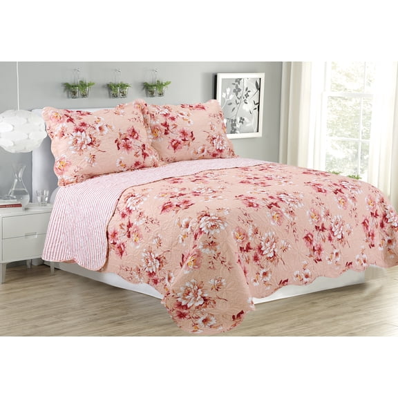 Glory Home 3-Piece Rose Reversible Quilt Set, Queen