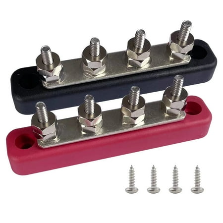 4 Terminals Bus Bar, Ampper 4.2" Power / Ground Distribution Block Brass Battery BusBar Junction for Car Vehicle Rv Truck Marine Boat Audio Amplifier and More (Red & Black)