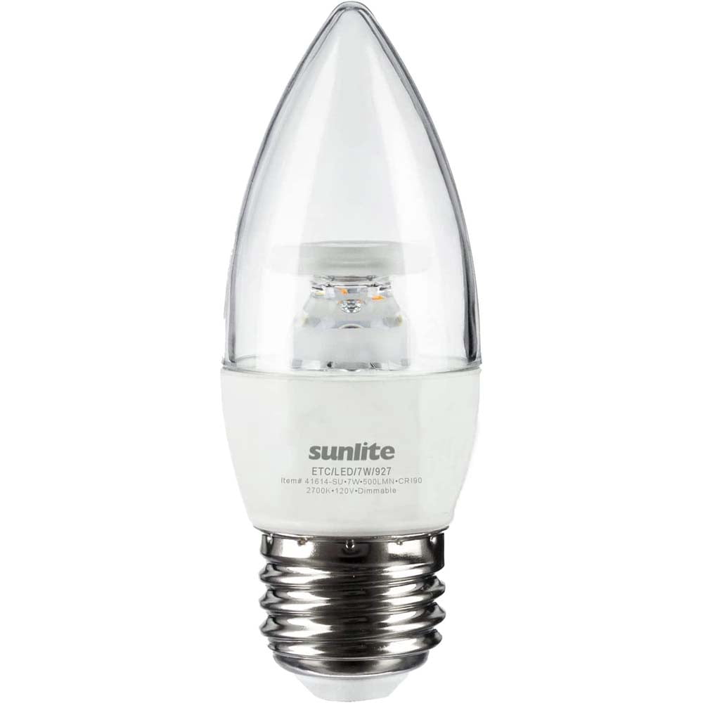 Sunlite LED Torpedo Tip B10 Clear Chandelier Light Bulb, 7 Watts (60W Equivalent), 500 Lumens, Medium Base (E26), 90 CRI, Dimmable, ETL Listed, 2700K Soft White, 6 Count