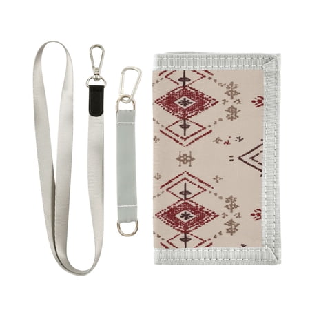 Nylon Fabric Wallet Compact Bifold With Zipper Coin Pocket Card Slots And Detachable Keychain Lanyard Tribal Motifs