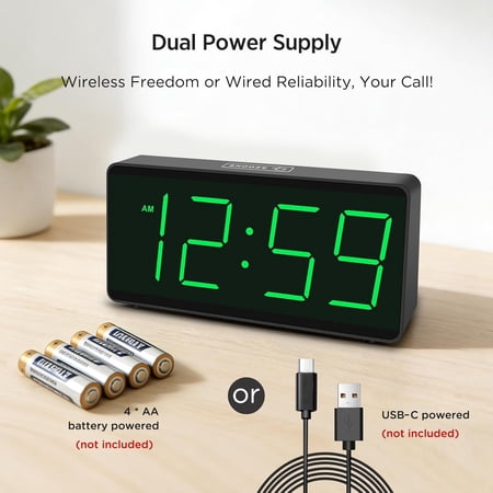 Battery Powered Bedroom Digital Alarm Clock Cordless Large Number Digital 4 Level Dimming, Auto Dim