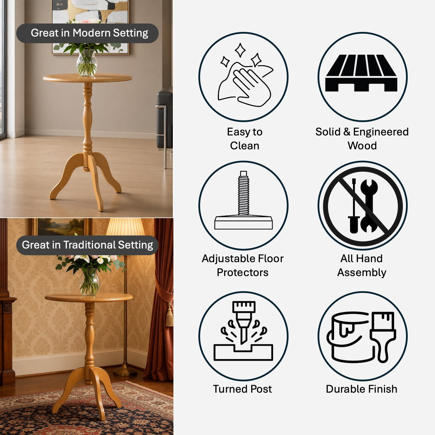 Decor Therapy Warwick Round Accent Table - 3 Leg Pedestal Side Table for Living Room, Bedroom, Entryway - Traditional Bistro Drink Table, Medium Wood