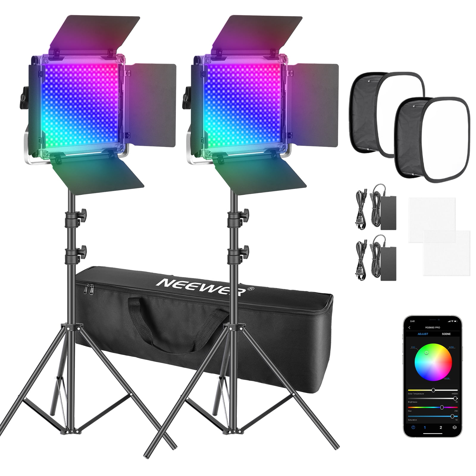 Neewer 2 Packs 660 PRO RGB Led Video Light with APP Control Softbox Kit