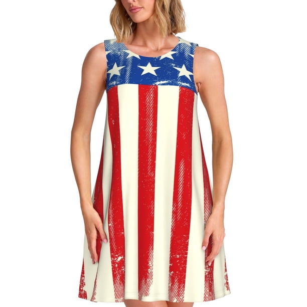 Fotbe America Flags2 Vestido de Verano sin Mangas para Mujer – Vestido Midi Línea A, Estilo Camiseta Floral, Vestido Playero Casual y Fluido