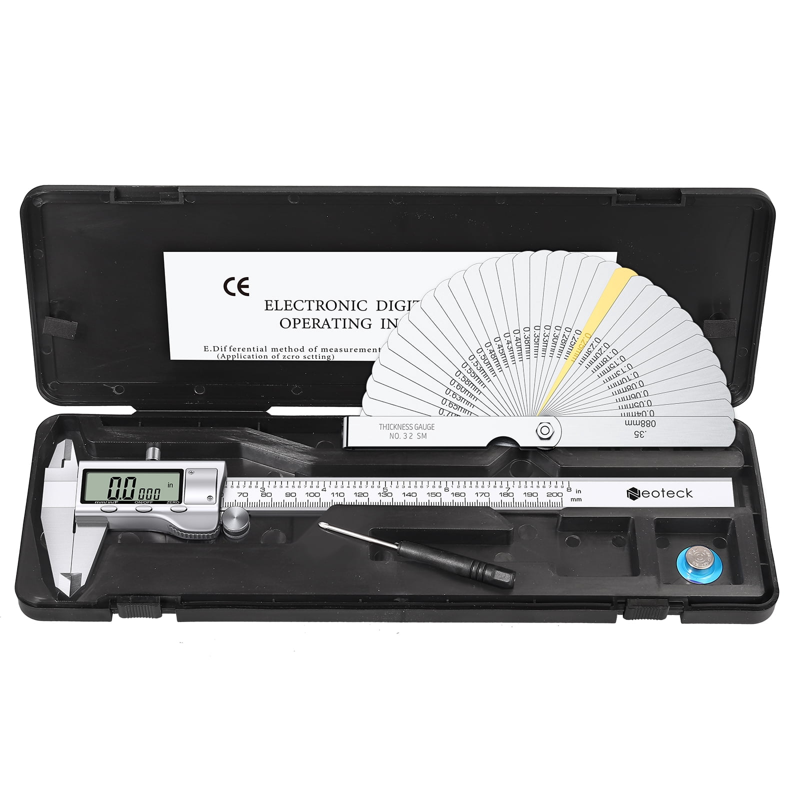 Neoteck 8" Electronic Digital Vernier Caliper LCD Stainless Steel + Feeler Gauge LCD Display