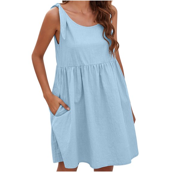 Bigersell Church Dresses for Women Summer Casual Bandage Doll Skirt Cotton and Linen Dress Women Regular Ball Gown Dress Style 4009, Female Knee Length Dresses Sky Blue S