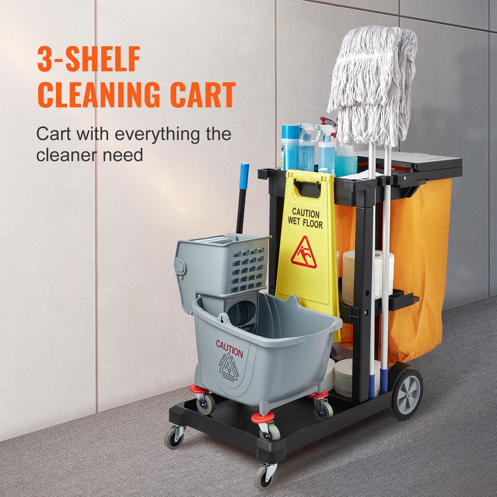 Tonchean Commercial Janitorial Cart 3 Shelf Housekeeping Cleaning Cart, Large Capacity Utility Clean Trolley with Wheels and 25 Gallon Vinyl Bag