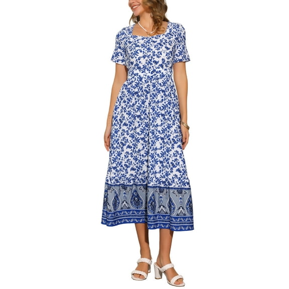 INSPIRE CHIC Women's Boho Short Sleeve Sweetheart Neck Floral Print A-Line Midi Dresses XS White