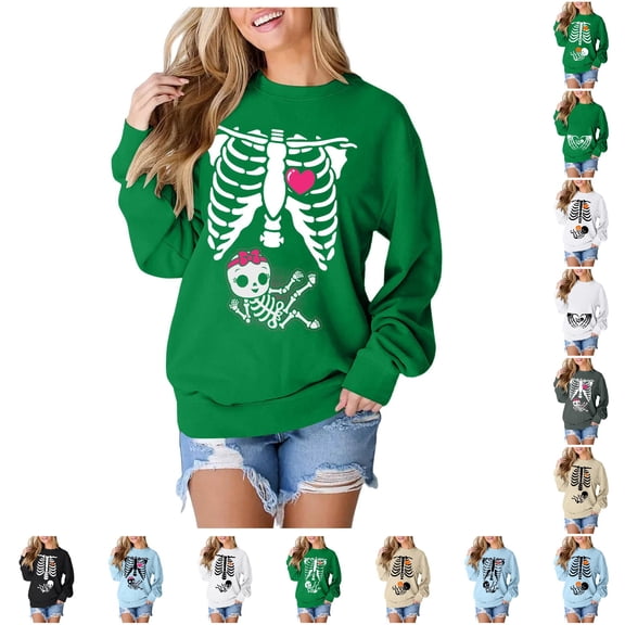 SIYUDAN Womens Halloween Sweatshirt Funny Graphic Skeleton Sweatshirt Long Sleeve Crewneck Pullover Green Sweat Shirt Fall Clothes for Women L