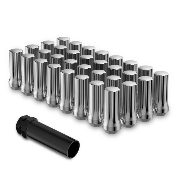 9/16-18 Lug Nuts for 1994-2010 Ram 2500 3500, 2002-2010 Ram 1500, 1988-1998 F250 F350, 32PCS Closed End Long Extended 7 Spline Chrome Lug Nuts 9/16x18 with Socket Key for 8 Lug Aftermarket Wheels