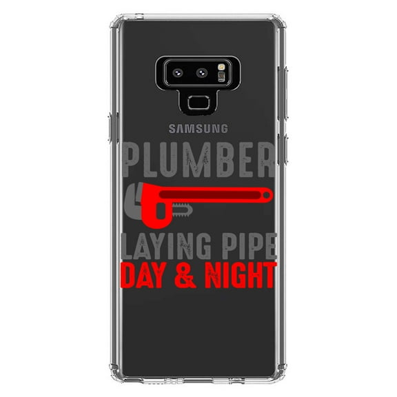 DistinctInk Clear Shockproof Hybrid Case for Samsung Galaxy Note 9 - TPU Bumper Acrylic Back Tempered Glass Screen Protector - Plumber - Laying Pipe Day & Night