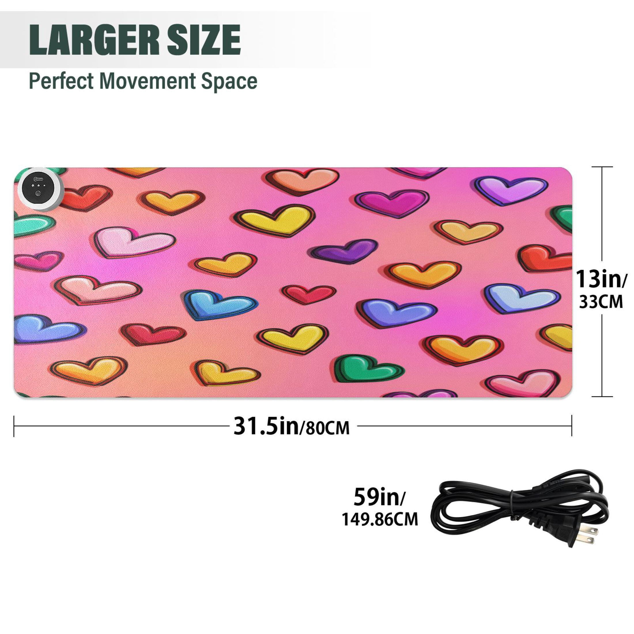 Large Heated Desk Mat Mouse Pad 31.5"x13"PU Leather Graphene Heating Desk Warmer with 3 Temperature Settings 110V US Plug Non-Slip Warm Pad for Home, Office, and Gaming Rainbow Heart Seamless Print