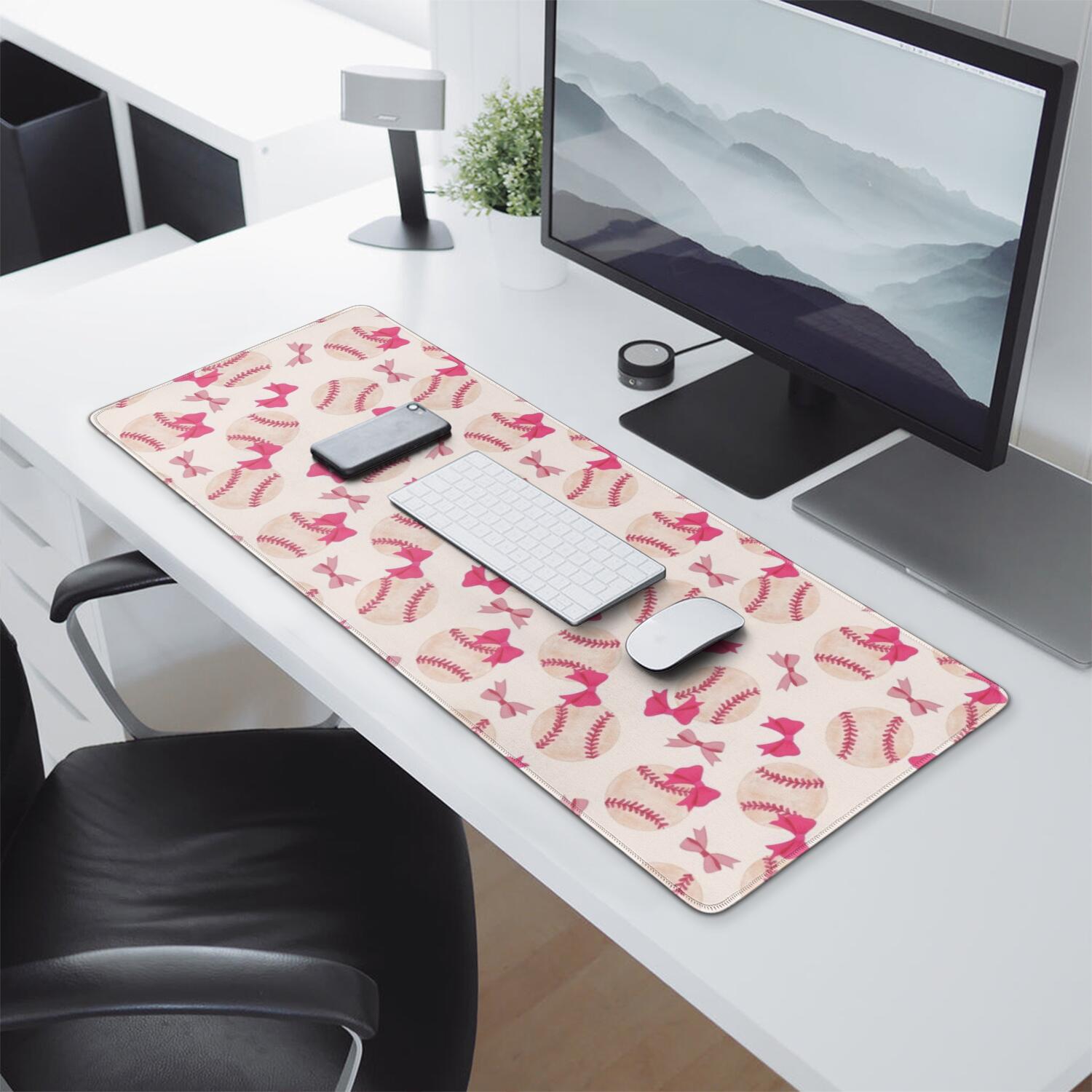Long Mouse Pads for Desk,Pink Bows and Baseballs Pattern Desk Mats on Top Of Desks, Desk Mouse Pad Extra Large with 3mm Non-Slip Base and Stitched Edge for Gaming,Office,Work,Home 31.5"x11.8"