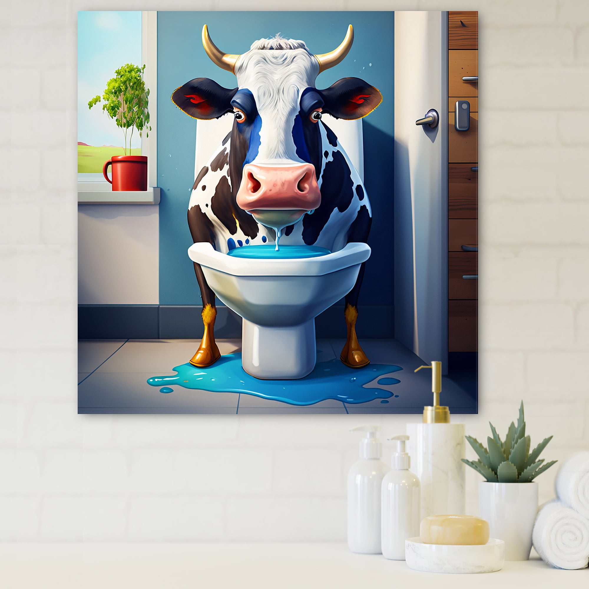 Designart Cartoon Cow Seating On The Toilet I Canvas Wall Art