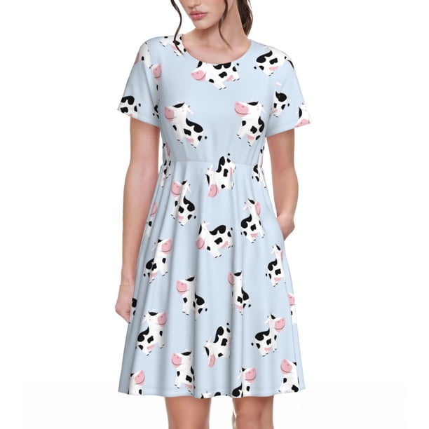 Easygdp Cute Farm Cow para Vestido Transpirable de Mujer, Vestido Suelto de Manga Corta con Pliegues y Bolsillos para el Verano