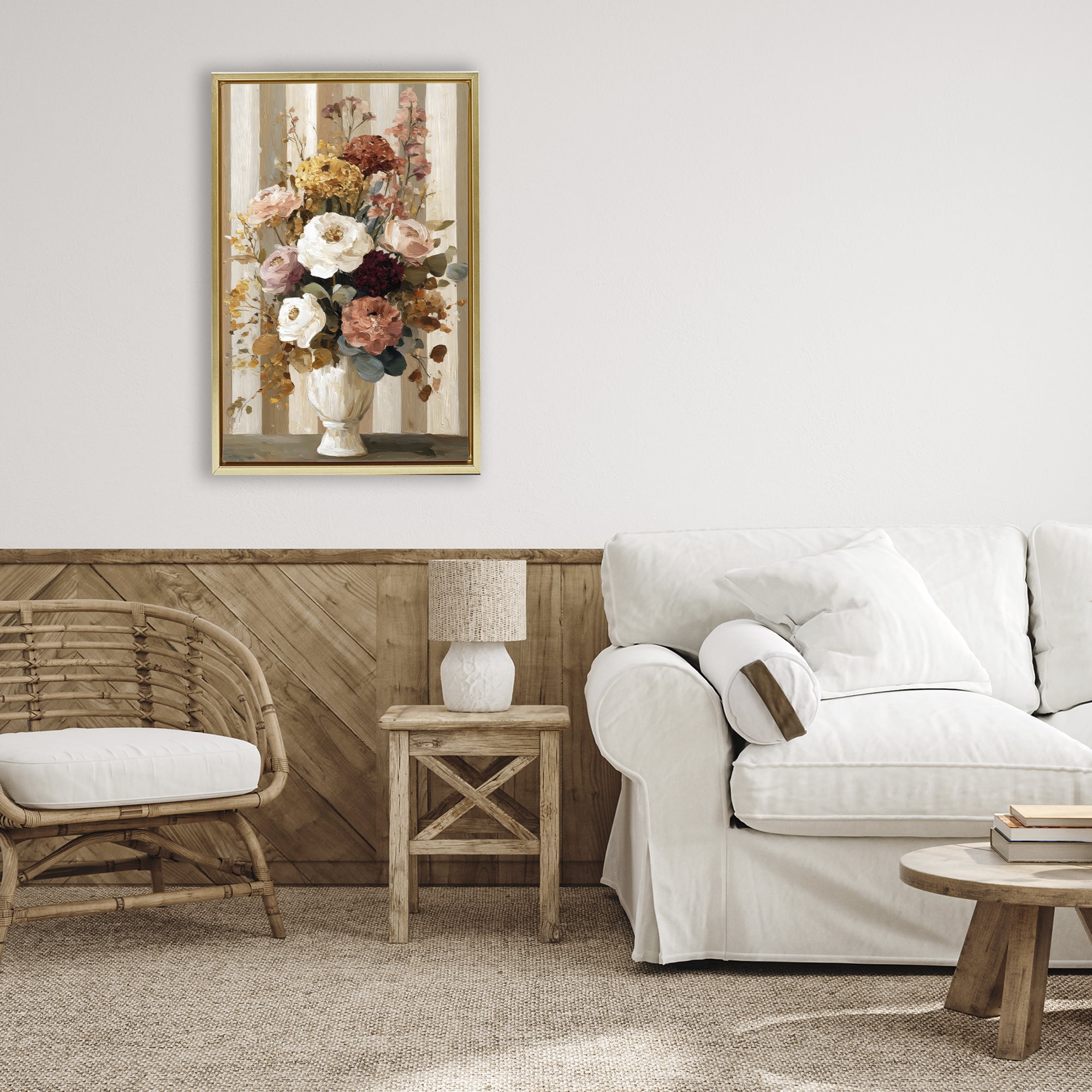 Stupell Industries Vintage Arrangement in Vase Gold Framed Floater Canvas Wall Art, design by Petal Prints Design
