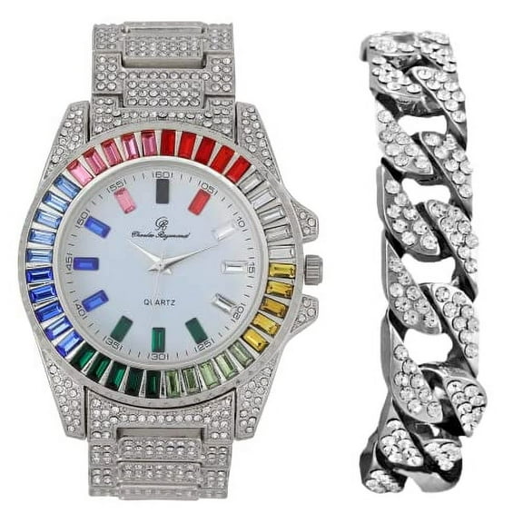 Charles Raymond Iced Out Mens Color on Blast Watch Single or Combo Sets with Blinged Out Bracelets Set. Iced Out Colourful Rainbow Flame Collection (ST10414-C SLV)