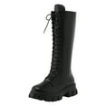 thumbnail image 4 of Oyedens Platform Combat Boots for Women Fashion Lace up Heels Horse Riding Mid Calf Boots, 4 of 5
