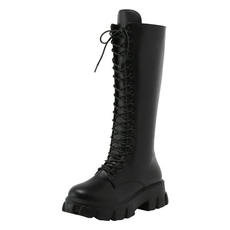 

Fsqjgq Sequin Thigh High Boots for Women Ladies British Style Solid Leather Lace Up Side Zip Platform Fashion Long Boots Womens Slim Boot Black 41