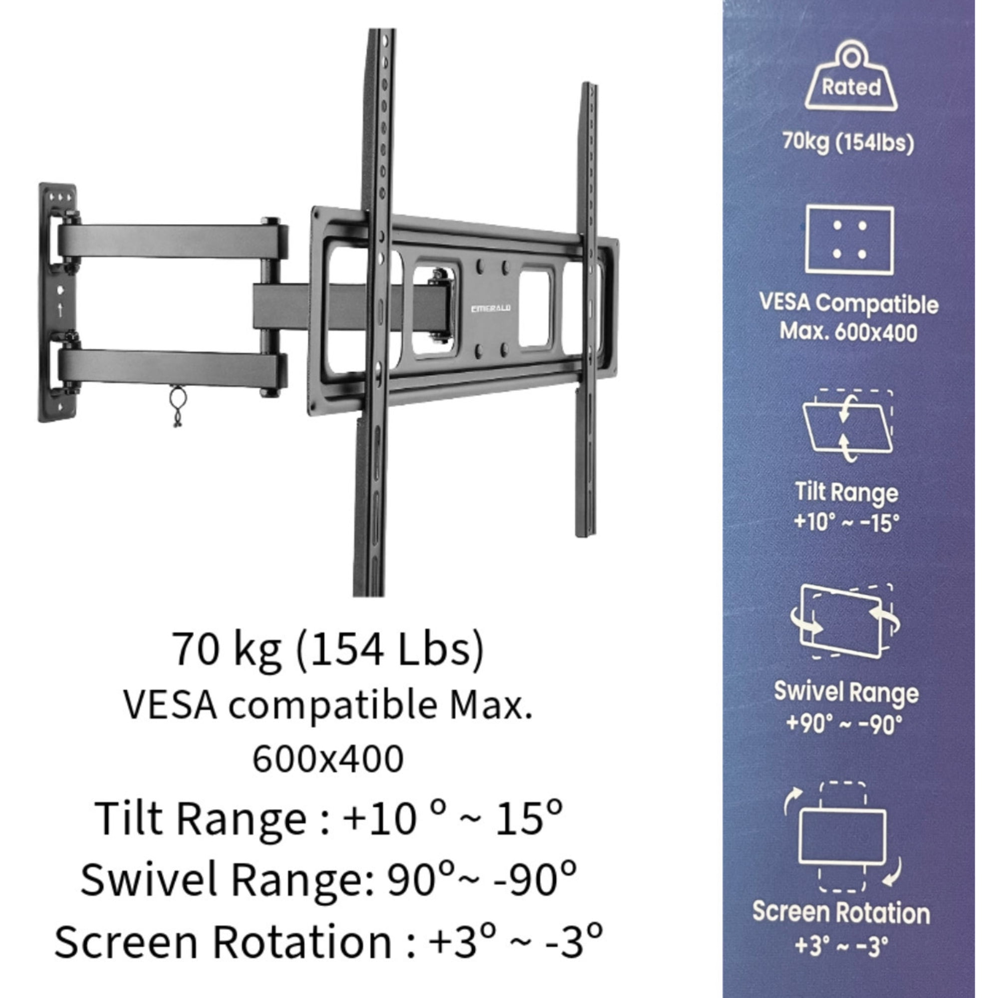 Emerald Full Motion TV Wall Mount Kit for 32-85” TVs, Swivel TV Mount with 15’ LED Cable and Universal Remote Control