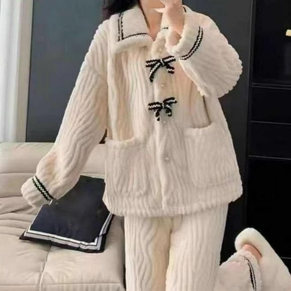 Pajamas For Women Set Flannel Hooded -Fleece Winter Soft Warm Womens Pajama Sets,White,L