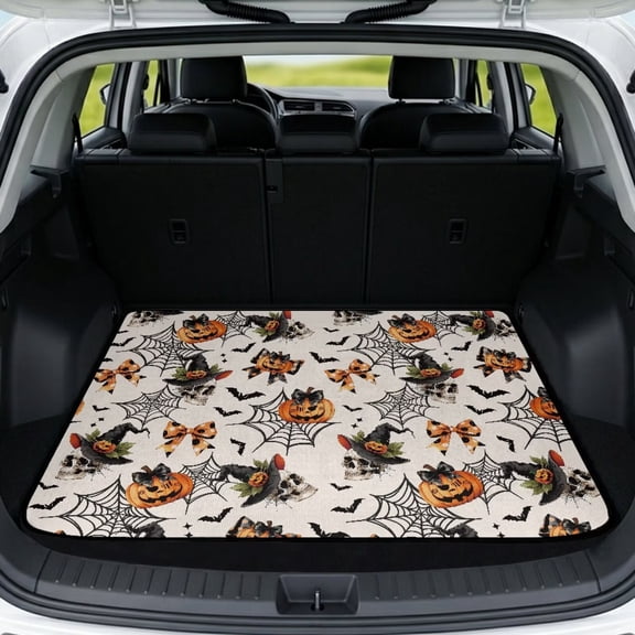 Qpednta Pumpkin Cobweb Cargo Liner 29"x39" All Weather Trunk Mat for SUV, Polyester Carpet Non-Slip Backing Machine Washable Water Resistant Rear Trunk Protector Universal Fits Sedan Truck