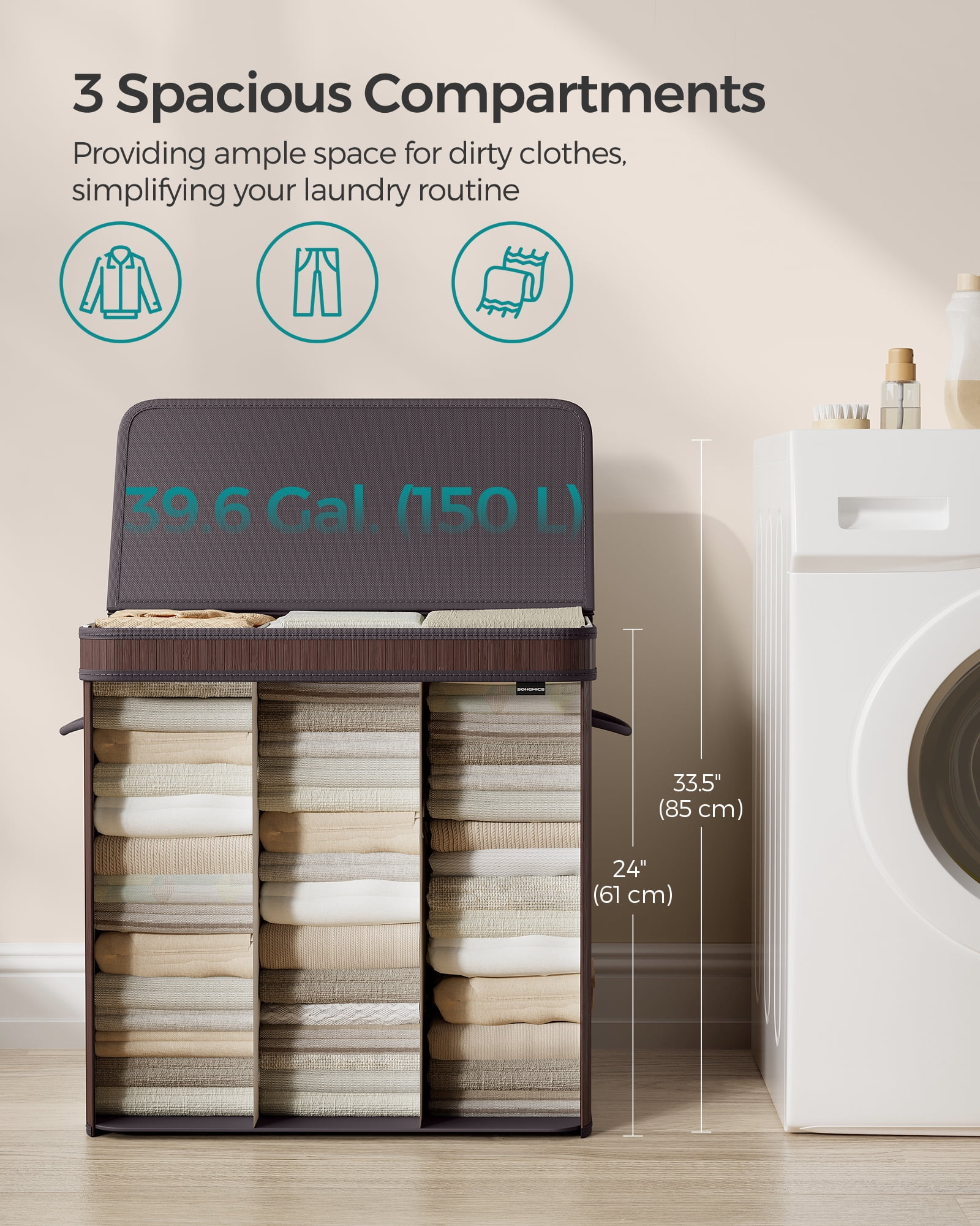 150L Laundry Hamper with Lid Bamboo Laundry Basket Removable Machine Washable with Handles for Laundry Room Bedroom Chestnut Brown