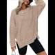 thumbnail image 1 of Sudadera de Cuello Redondo de Punto Gofre de Gran Tamaño para Mujer, Sudadera Informal de Larga con Laterales Caqui S, 1 of 8
