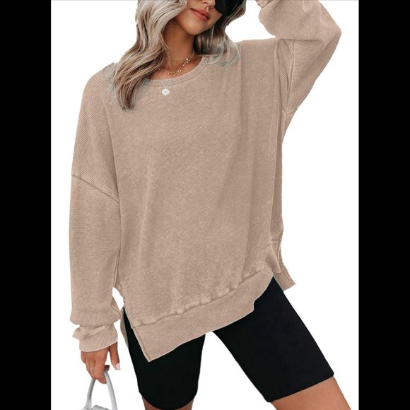 Sudadera de Cuello Redondo de Punto Gofre de Gran Tamaño para Mujer, Sudadera Informal de Larga con Laterales Caqui M