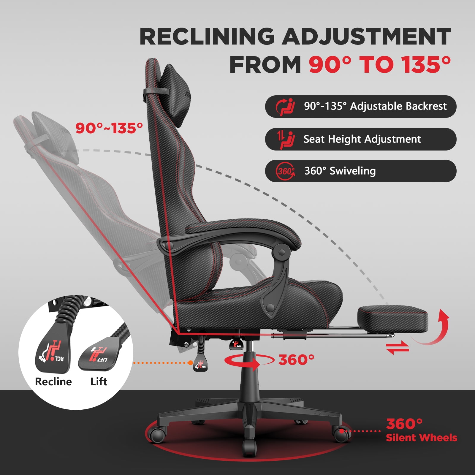 Luxvie Gaming Chair with Footrest Computer Ergonomic Office Chair with Massage Lumbar Support & Headrest, High Back Vintage Game Chair for Adults and Kids, Black