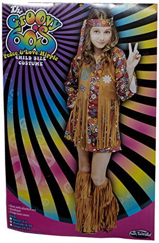 L 12-14 60s Retro Mini Dress Fringed Vest Hippie Costume Peace Love Groovy 