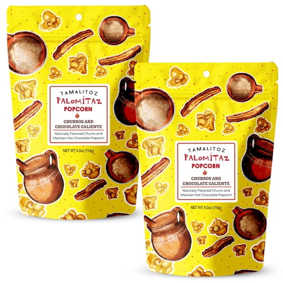 Palomitaz Gourmet Popcorn Churros and Chocolate Caliente Popcorn Sweet & Spicy Mexican-Style Kettle Corn with Cinnamon, Cocoa, Chili & Sea Salt Handcrafted Snack, Gluten-Free, Vegan, 2 Bags 4oz Each