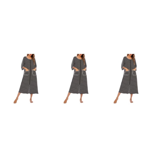 yingyy 1/2/3 Polyester Robe de Nuit Femme Décontractée Col Rond Manches Longues Double Poche Respirante Robe de Maison Vêtements de Nuit Noir P 3 Pcs