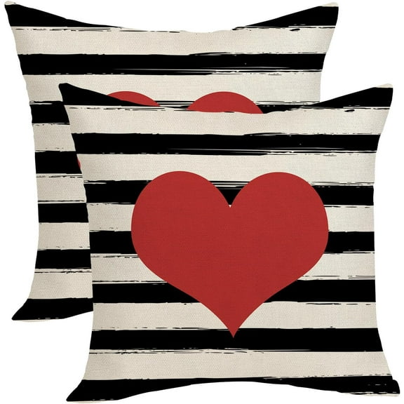 Valentine''s Day Decor Pillow Covers 18x18 Pack of 2 Black Stripes Red Love Heart Throw Pillow Covers Valentine''s Mother''s Day Anniversary Decorative Gift Linen Cushion Case for Home Sofa Couch