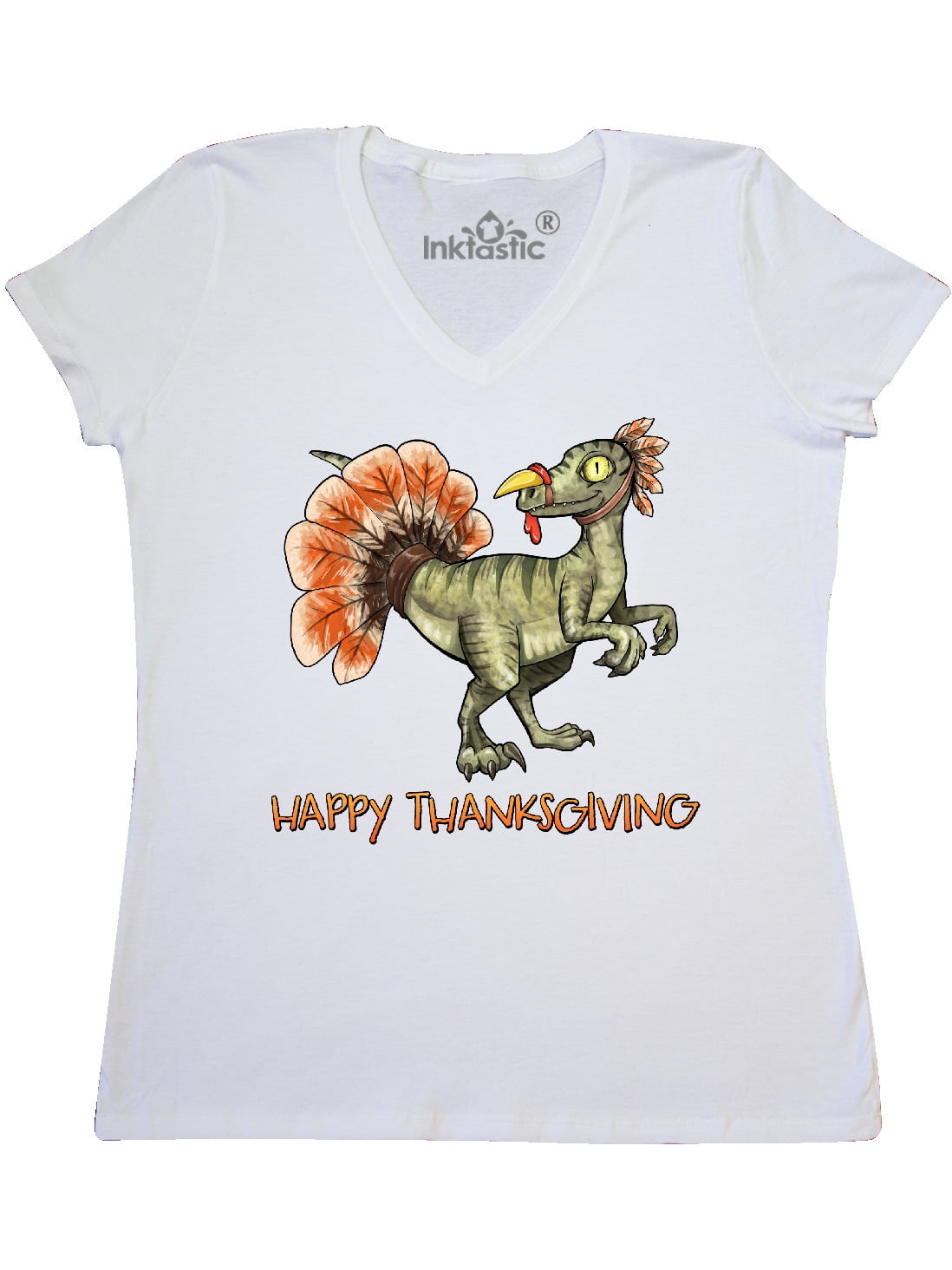 INKtastic Happy Thanksgiving Dinosaur Women's VNeck TShirt
