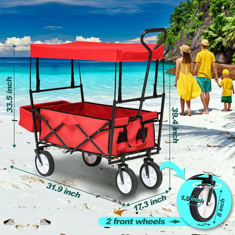 Collapsible Wagon Folding Garden Cart with Canopy Heavy Duty Extra Large Portable Camping Beach Utility Cart w Adjustable Push Pull Handle Beach
