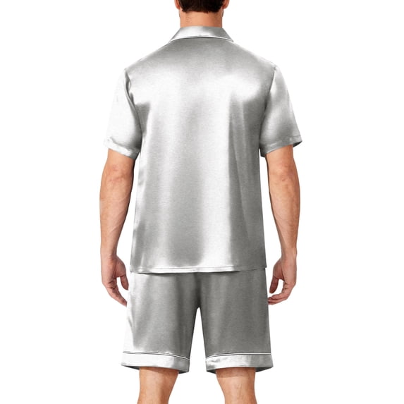 Resicozy Men Satin Silk Pajamas Sets Short Sleeve Sleepwear Button-Down PJs Sets 2 Pieces Loungewear with Pockets Silver 3XL