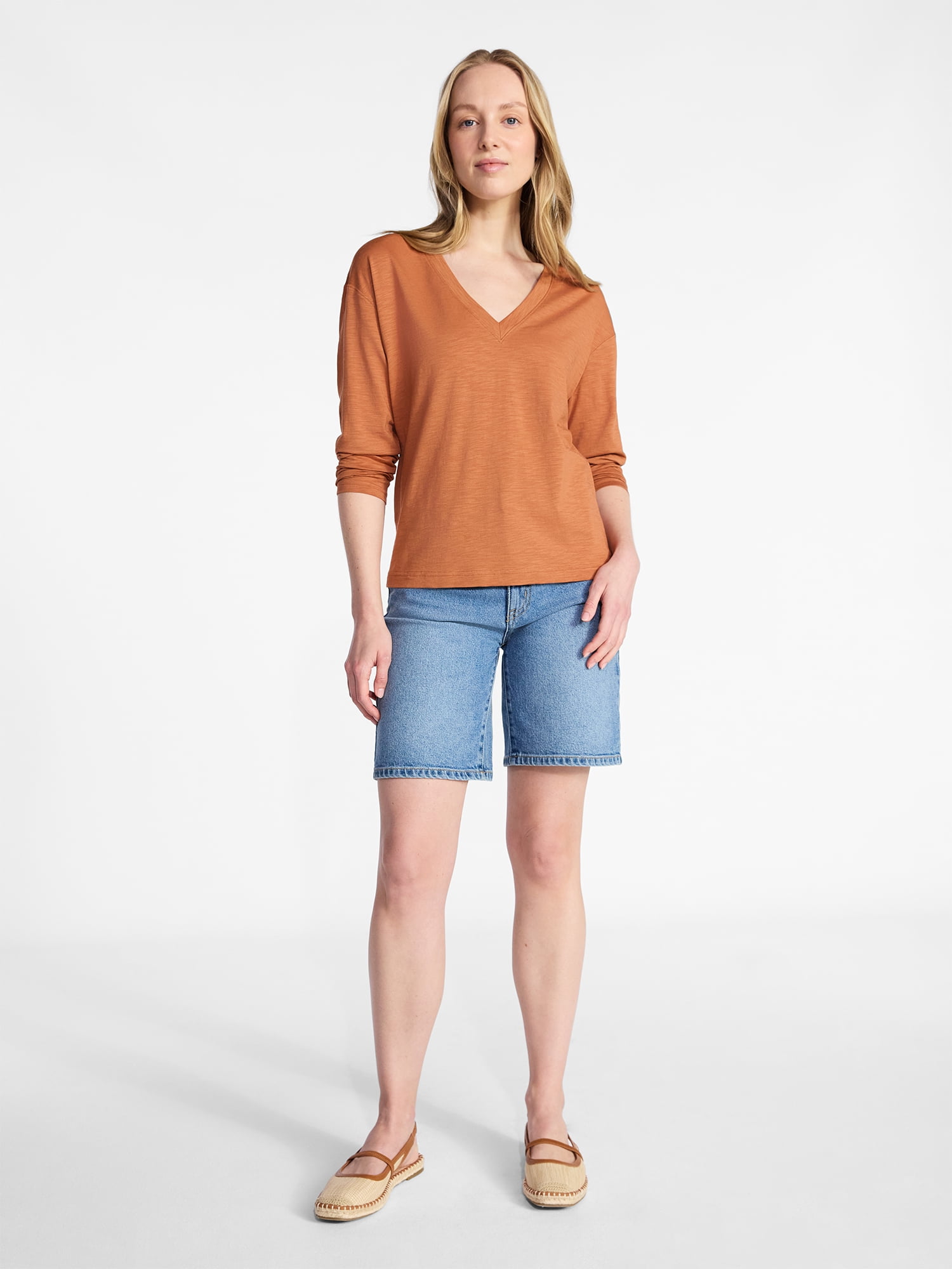 Time and Tru Women's Boxy Slub V-Neck Tee with Long Sleeves, Sizes XS-XXXL