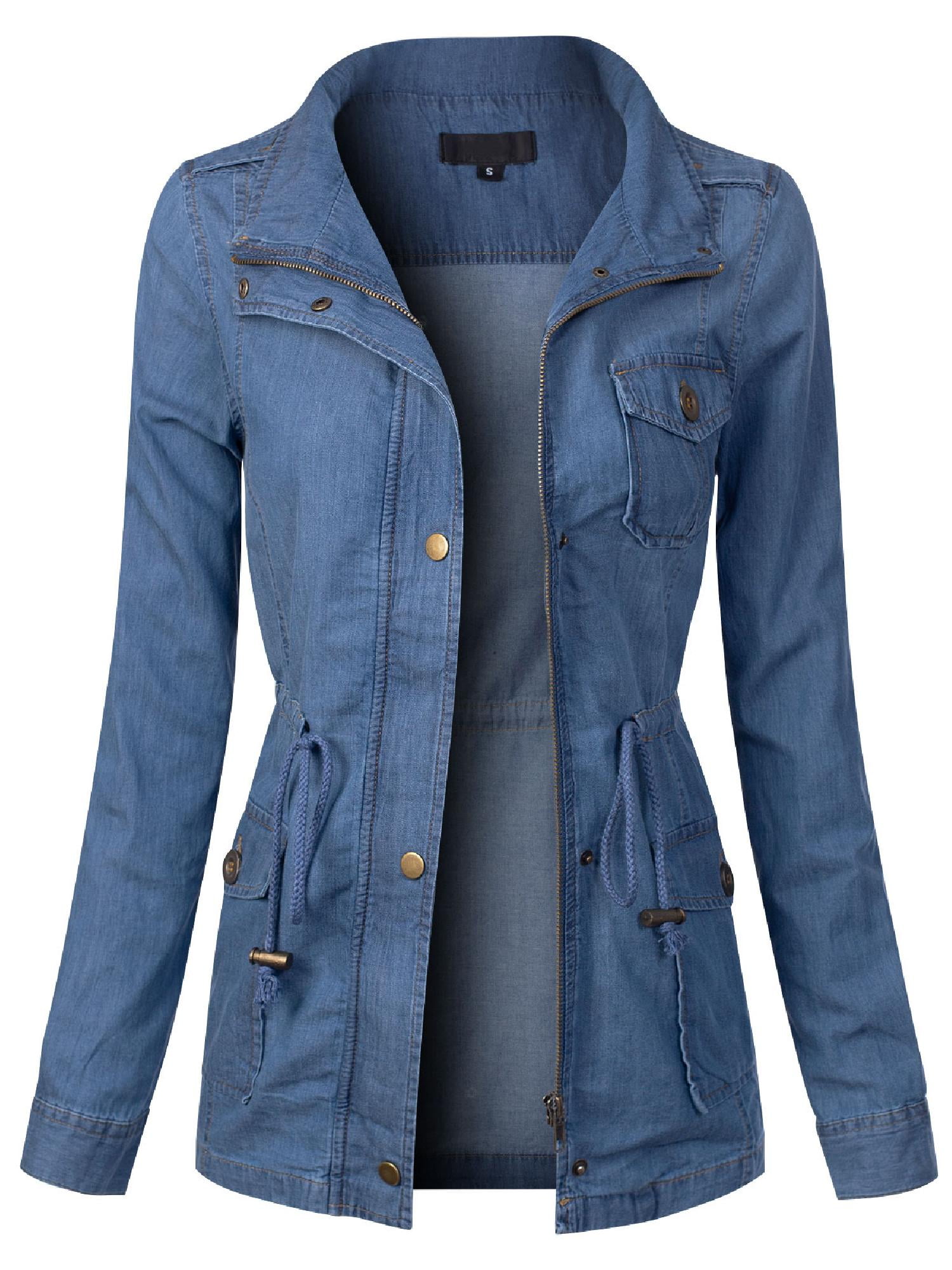 Liengoron Womens Casual Long Sleeve Slim Button Lapel Hole Mid Long Denim Jacket Liengoron Womens Casual Long Sleeve Slim Button Lapel Hole Mid Long Denim Jacket