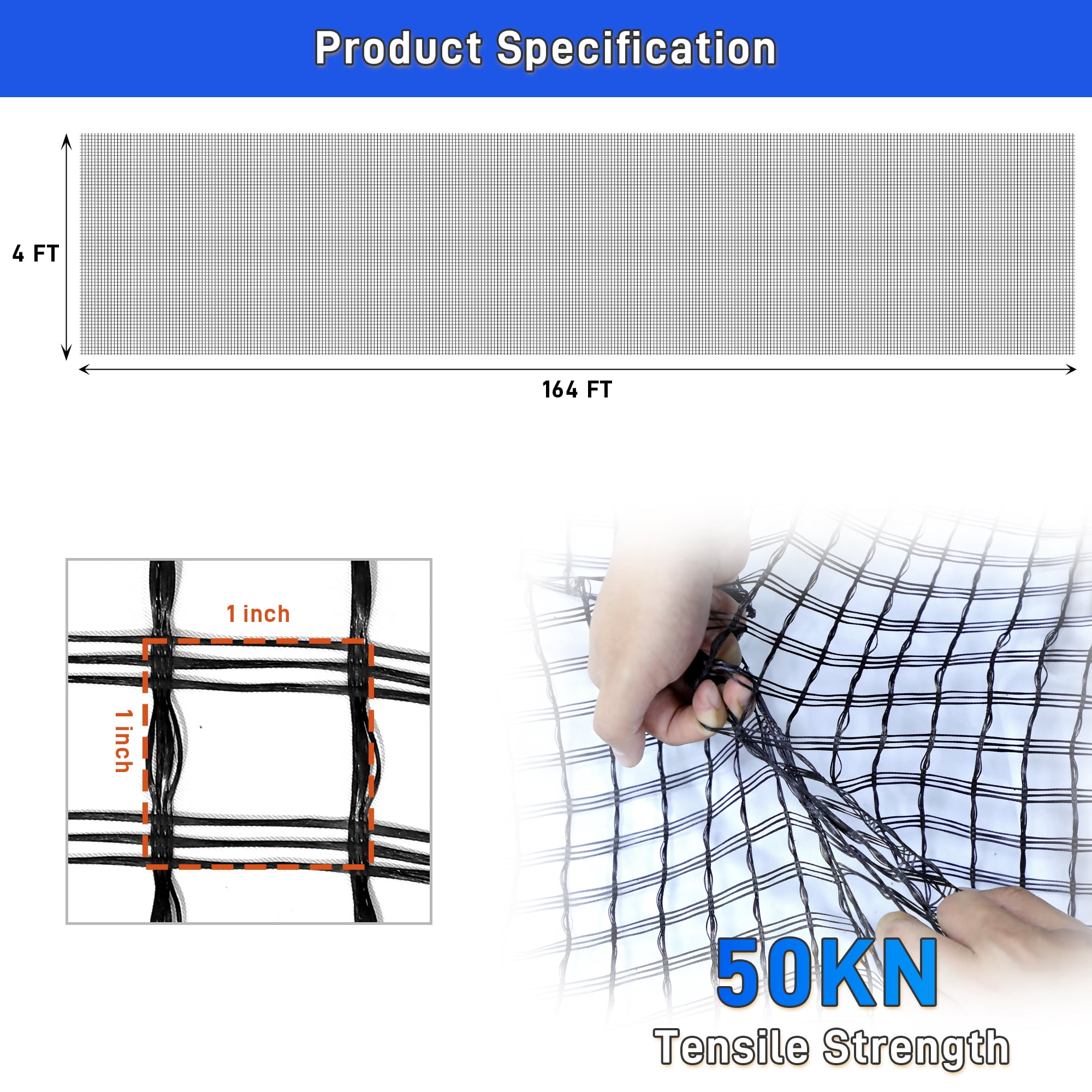 Universal Geogrid Roll Retaining Wall Fiberglass Geogrid, 3.84ft x 164ft 50KN Tensile Strength Driveway Ground Gravel Grid with Mounting Screws for Asphalt Pavement and Soil Road Slope Reinforcement