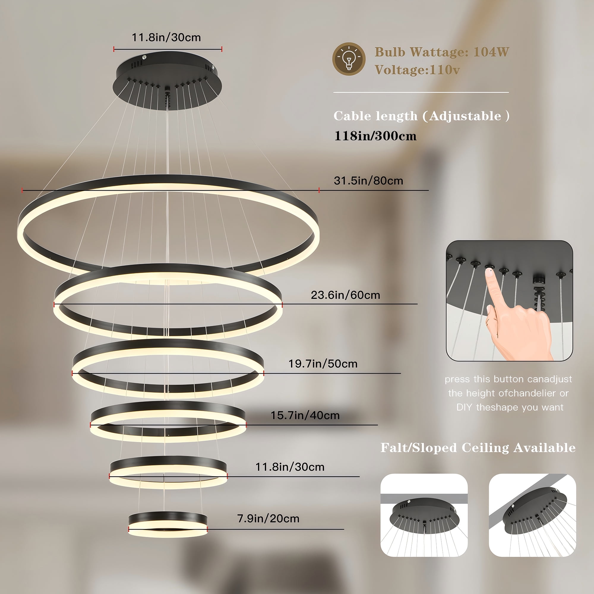 Modern 6-Ring LED Chandelier for High Ceilings, Adjustable Black Pendant Light with Remote, Dimmable Flush Mount Fixture for Foyer, Entryway, Living Room Dining Room