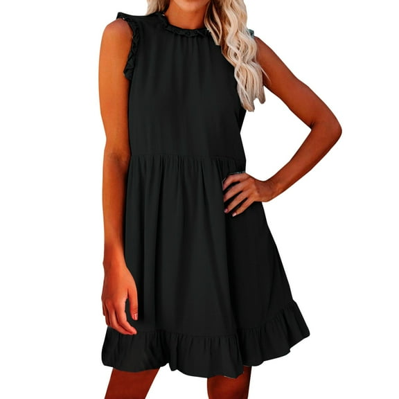 Baqcunre Women'S Casual Dresses Women'S Fashion Casual Solid Color Round Neck Ruffled Waist Dress Womens Dresses Midi Dress Black Dress L