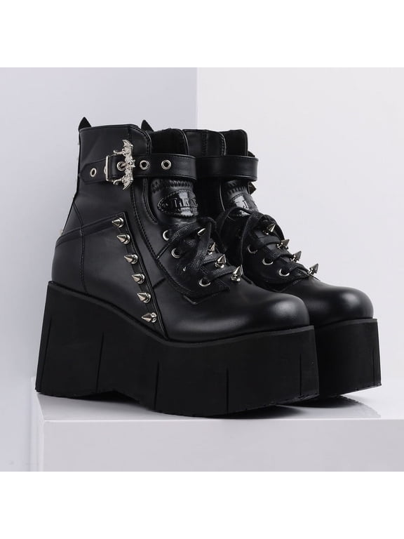 Ankle Boots For Women Black Wedge Heel Platform Goth Boot Bat Shaped & Rivet Rhinestone Decoration Adjustable Strap & Lace Up Punk Outdoor Party Night Club Combat Shoes