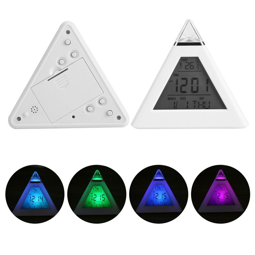 7 LED Color Changing Digital Thermometer Pyramid LCD Alarm Clock Desk Bed Light 