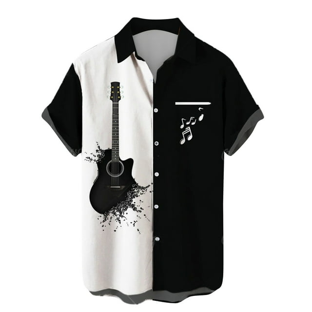 Men's Button Shirt 2024 Summer Fashion Casual Personality Musical Instrument Digital Short Sleeve-week