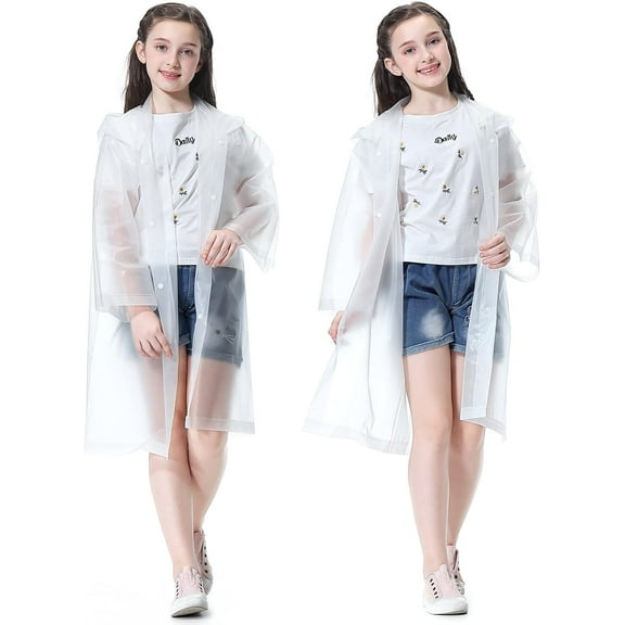 s Kid's Rain Poncho 2 Pack, Reusable EVA Portable Hood Coat, White, 6-14 Years